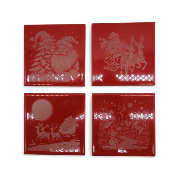 CHRISTMAS Tile Ceramic Engraved Santa Sleigh And Snowman Scenes Set of 4 - Picture 2 of 9